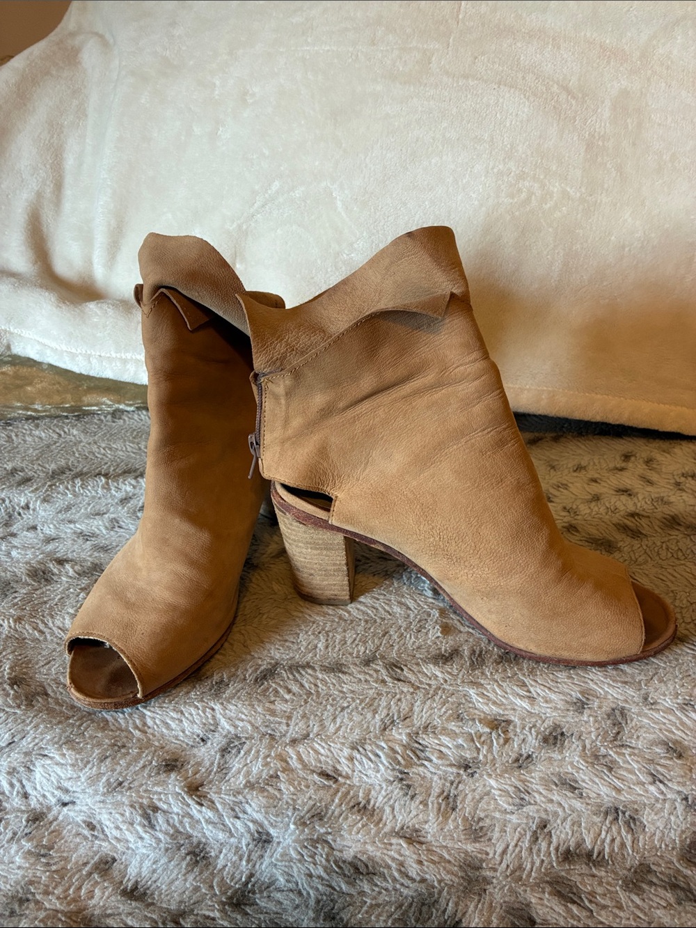 Free People Tan Suede Peep-Toe Stacked Heel Booties- Size 38